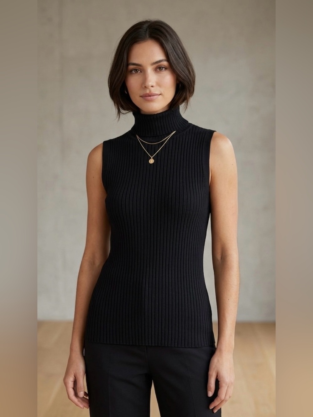 Vince Black Sleeveless Turtleneck Ribbed Knit Top Size M